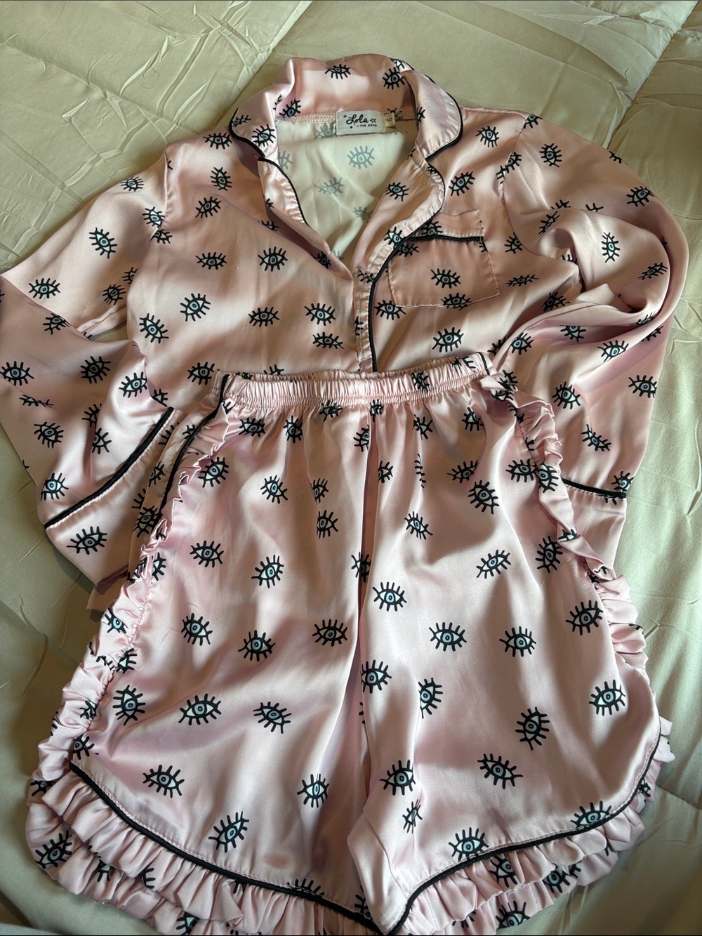 Lola and the Boys Silky Pink Eye-Print Ruffle Pajama Set by